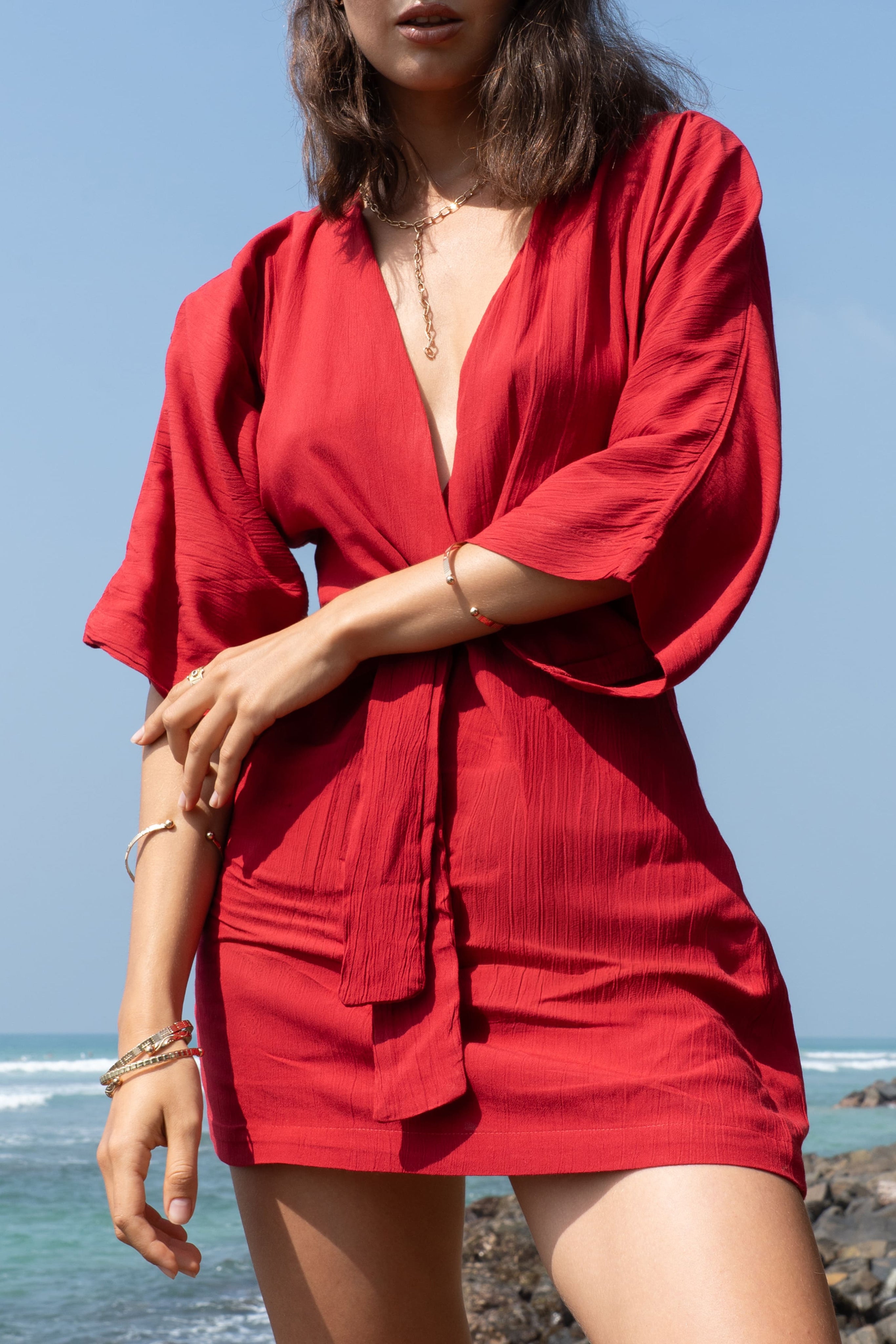 Solana Kimono Sleeve Dress In Red