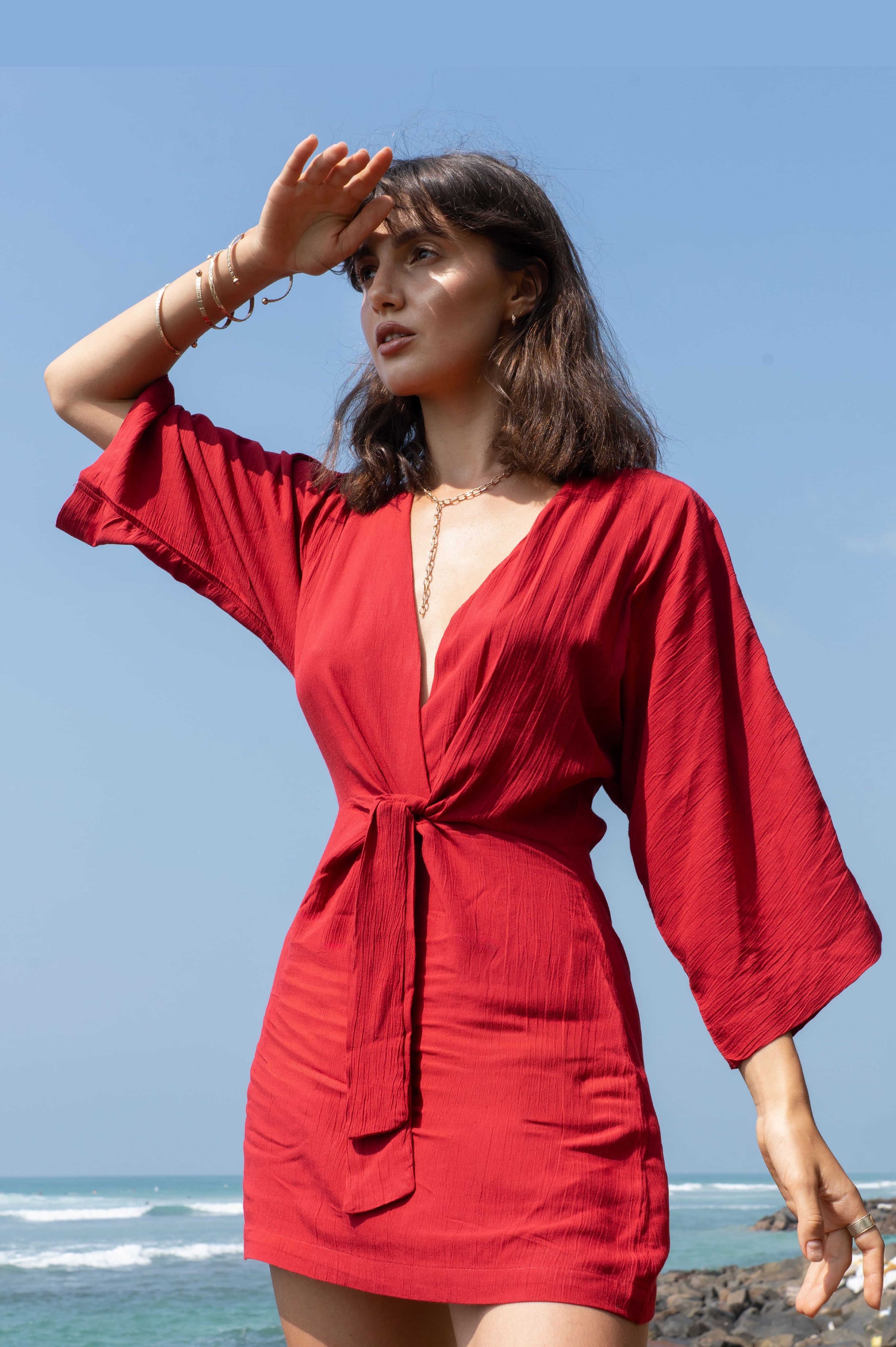 Solana Kimono Sleeve Dress In Red